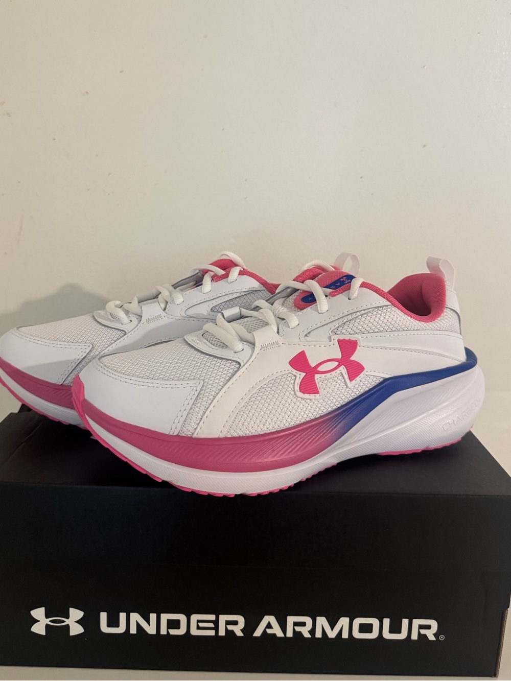 Under Armour White Walking Shoes with Pink & Blue Accents